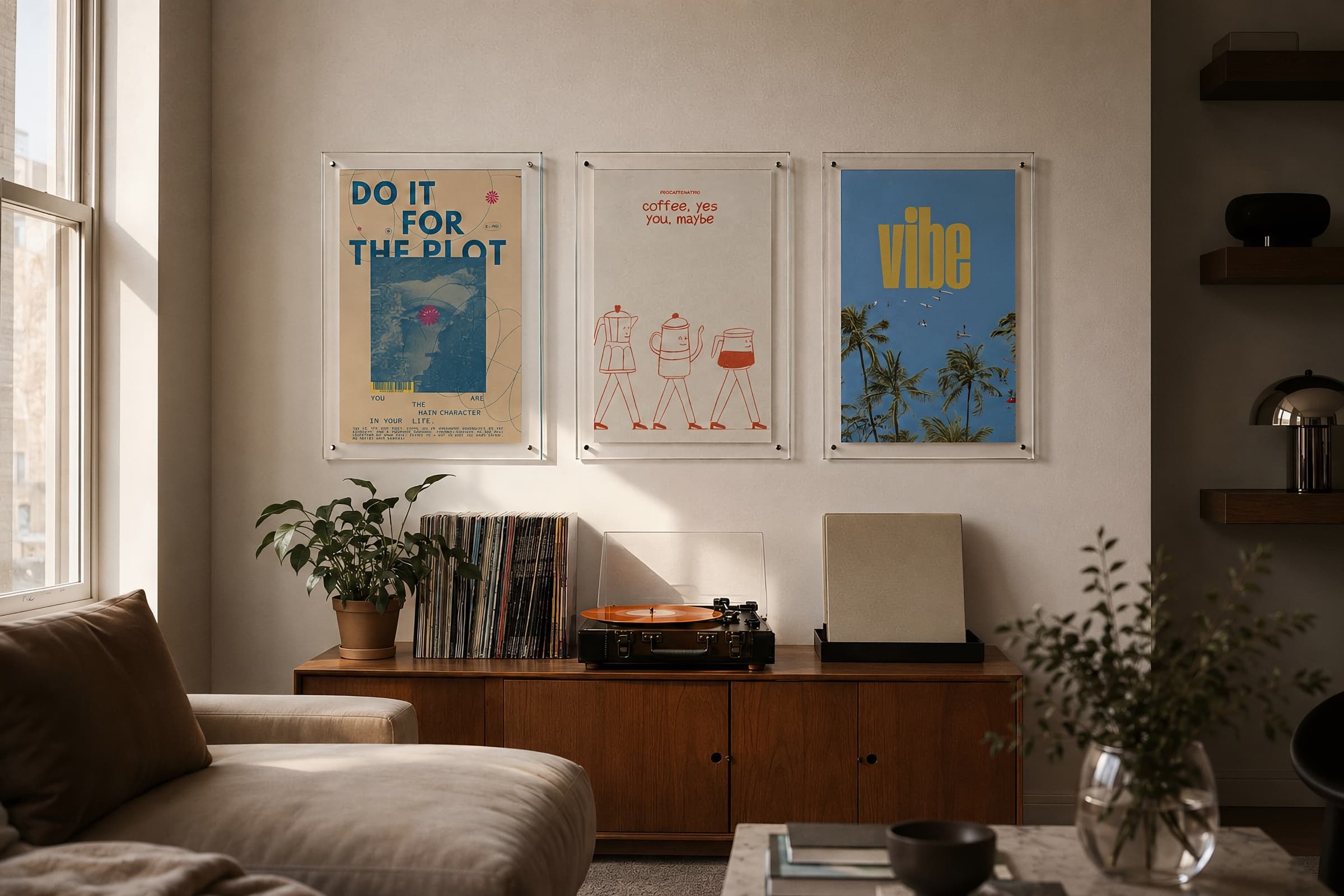Three Lemori acrylic prints above a sideboard
